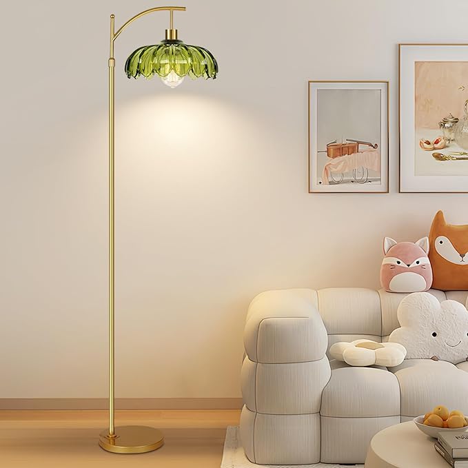 ZECOXOL Gold Floor Lamps for Living Room Vintage Green Floor Lamp with Remote Control & Glass Lampshape,Dimmable Mid Century Modern Standing Lamp Tall Flower Lamp Brass Floor lamp for Bedroom Corner