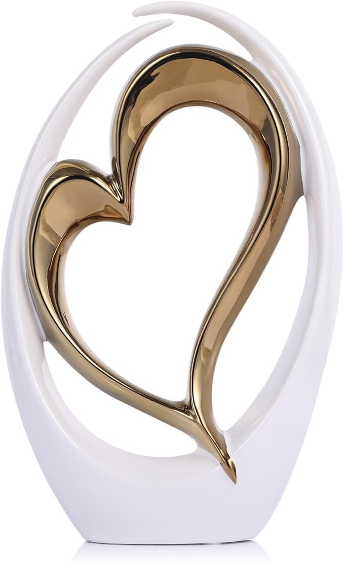 White and Gold Ceramic Statues, Abstract Heart Sculptures for Bedroom Decor, Wedding Decor, Decoraciones para Salas De Casa, for Her (D-White Gold)
