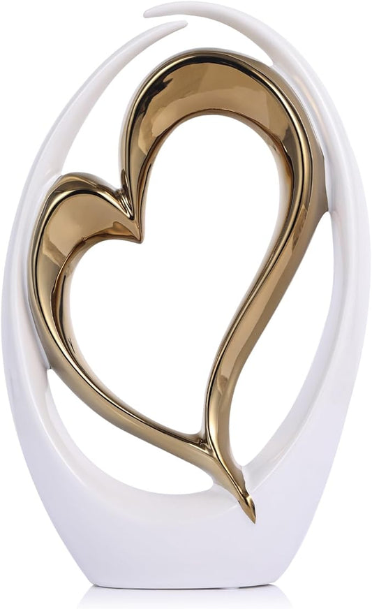 White and Gold Ceramic Statues, Abstract Heart Sculptures for Bedroom Decor, Wedding Decor, Decoraciones para Salas De Casa, for Her (D-White Gold)