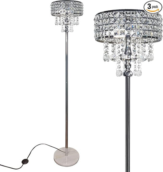 beaysyty Modern K9 Clear Glass Crystals Floor Lamp, On/Off Foot Switch, Crystal & Glass 3-Lights Standing Light, Reading Corner Lamp for Office Cafe, Living Room Bedroom (Chrome)