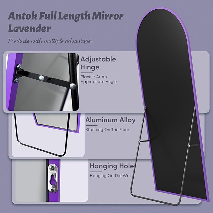 Antok Full Length Mirror, 58"x18" Floor Mirror, Arched Floor Standing Freestanding Arch Full Body Mirrors with Stand for Bedroom, Hanging Mounted for Living Room Cloakroom,Purple