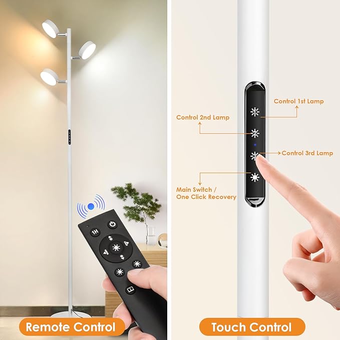 JUNNAI White Floor Lamp with Remote Tall Standing Lamps 30W LED Tree Floor Lamp with 3 Adjustable Heads Touch Control Timer 4 Color Temperatures Light Lamps for Living Room Office Bedroom Crafting