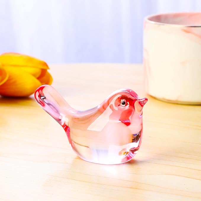 YWHL Handmade Crystal Pink Bird Figurines, Animals Gifts for Birds Lovers Women Men, Art Glass Birds Collectible for Home Decor, Desk Table Home Office Decoration