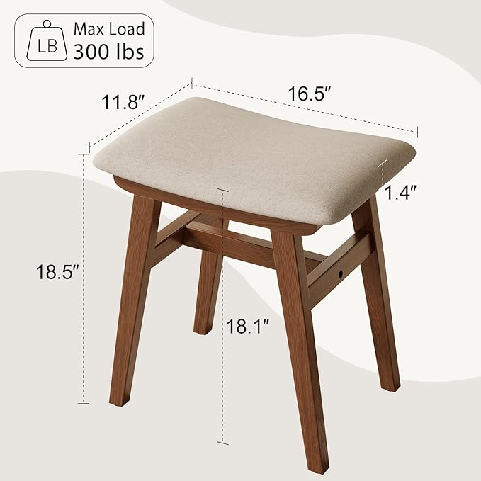 Solid Wood Vanity Stool, Compact Makeup Chair with Saddle Cushion, Linen-Covered High Rebound Sponge Seat, Easy Assembly Footstool for Bedroom, Entryway, Home, Walnut