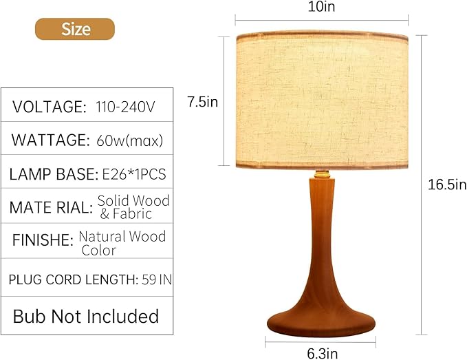 2 Pack Bedside Table Lamp for Bedroom, Nordic Plug in Fabric Shade & Solid Wood Base Desk Lamp, Plug & Play Red Wood Color Nightstand Lamp for Living Room, Office, Switch Power Cord【Bulb Not Included】