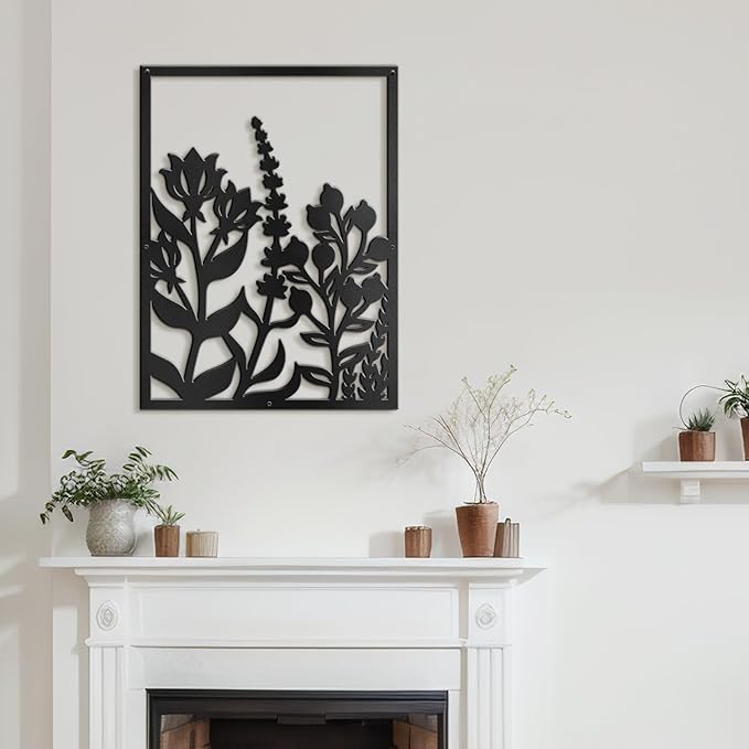 SIGNLEADER Metal Wall Art Decor Botanical Flowers Minimalist Modern Abstract Wall Sculpture Hangings Home Decoration for Living Room, Bedroom, Bathroom, Kitchen, Outdoor - 18" Black