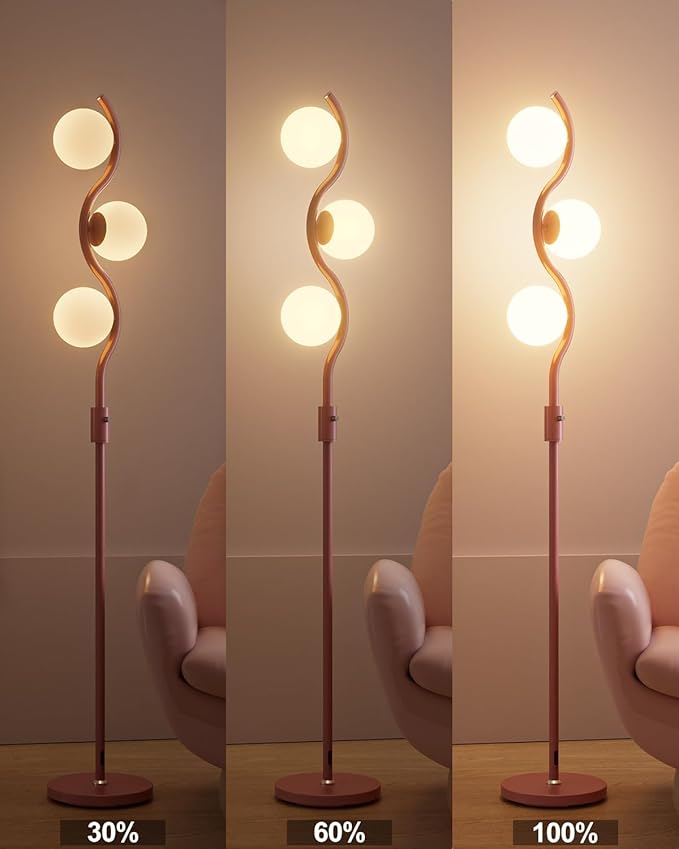 ACOHOOK 60IN Dimmable (Brightness Adjustable) Pink Floor Lamp, Modern Standing Lamps with 3 Globe Soft Warm White 3000K Bulbs, Mid Century Floor Lamp for Living Room Bedroom Home Decor