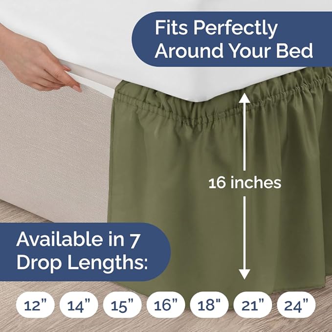 Wrap Around Dust Ruffle Bed Skirt - Sage Green - for Twin Size Beds w/ 16 Inch Drop - Easy Fit Elastic Strap - Adjustable Pleated Bedskirt with Brushed Fabric, Wrinkle Free Women, Men, Kids and Teens
