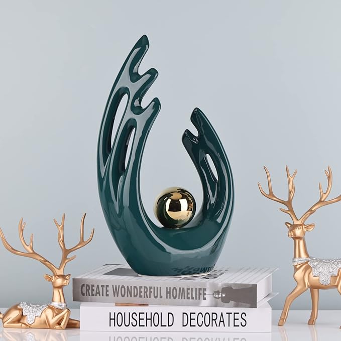 LCCCK 12" H Teal Gold Aesthetic Room Decor Accent, TV Stand Funky Table Centerpiece, Abstract Art Ceramic Statue and Sculpture, Teal Decor for Living Room, Bookshelf Decorative Objects, Shelf Decor