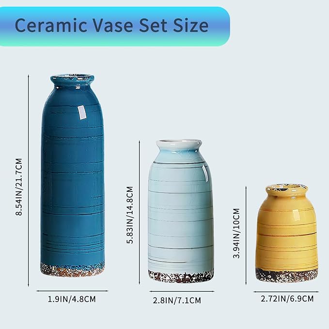 Ceramic Vase Set of 3 – Handcrafted Modern Farmhouse Decorative Vases for Boho Living Room Centerpieces, Entryway Decorations, Coffee Table, Bookshelf, Fireplace Mantel