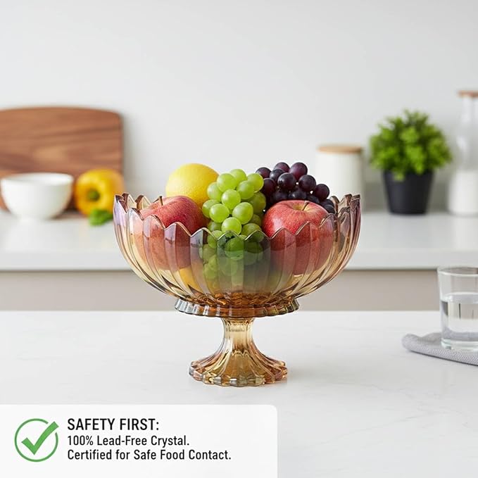 Crystal Glass Oval Pedestal Fruit Bowl, Footed Decorative Bowl for Table Centerpiece, Kitchen Counter Dining Room Tables Decor Centerpiece