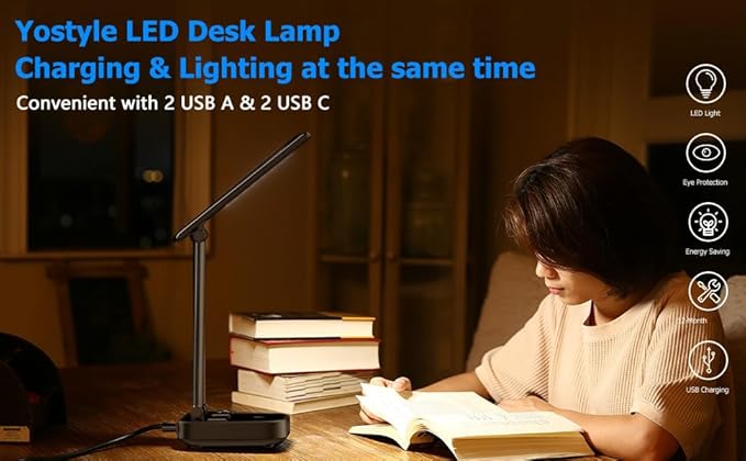 Yostyle LED Desk Lamp with 4 USB Charging Ports and 2 AC Outlets,5ft Extension Cord Power Strip Station, 3 Level Brightness, Touch Dimmer Control, Office Table Eye Care Lamp Bedroom Hotel