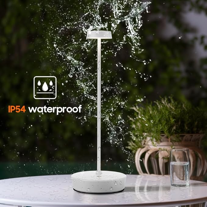 Cordless LED Table Lamp，Rechargeable Battery Desk Lamps, 3 Color Stepless Dimmable Metal Battery Table Lamps, Portable Waterproof Table Light for Restaurants/Bedroom/Bar (White)