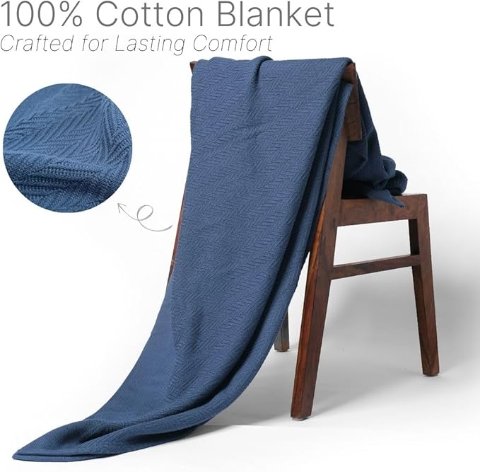 9Threads 100% Cotton Herringbone Weave Blankets, 90"X90" Queen, Throw Blanket for Bed,All Season Cotton Blanket, Cozy Blanket,Throws Bed Blanket, Throw Blanket for Couch,Modern Home Decor -Navy Blue