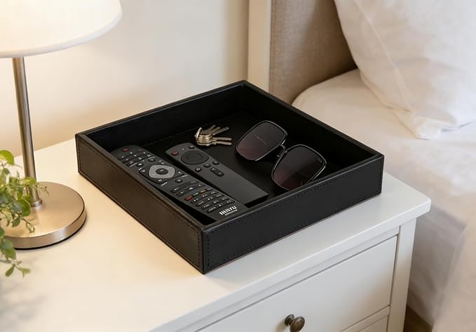 HofferRuffer Faux Leather Vanity Tray, Elegant Desktop Storage Organizer, Decorative Catchall for Perfume, Bathroom Valet, Nightstand or Dresser, 10 x 10 x 1.8 inches (Black)