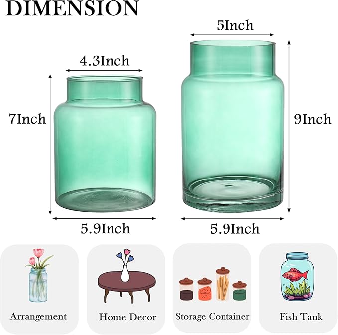 Large Glass Vase, Green Glass Vase Set of 2, Large Flower Vases for Bouquet, Tall Wide Mouth Vases for Flowers, Home, Wedding, Living Room, Office Decor, 7"+9"