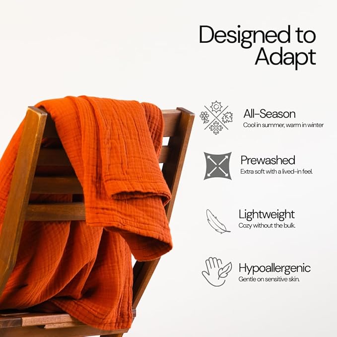 Salt Earth 100% Cotton Muslin Throw Blanket, 80"X90" Queen 4 Layered Gauze Blanket Throw for Couch, Bed, Living Room, Home, Light Christmas Blankets and Throws for Christmas Gifts (Picante)