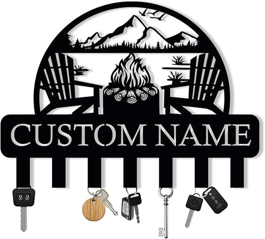 Personalized Campfire Design Metal Key Holder for Wall, Metal Wall Mount Custom Name Hooks, Cabin Key Hooks, Camp Area Key Hanger Decor, Key Rack for Farmhouse, Key Organizer for Living Room, Entryway