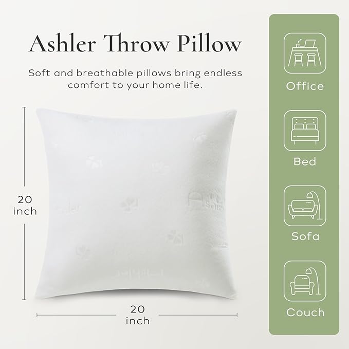 Ashler Throw Pillows Insert- 20x20 Pillow Inserts with Air Layer, Premium Bed and Couch Pillows - Indoor Decorative Throw Pillow, Square Cushion Sham Stuffer, Pack of 4, White