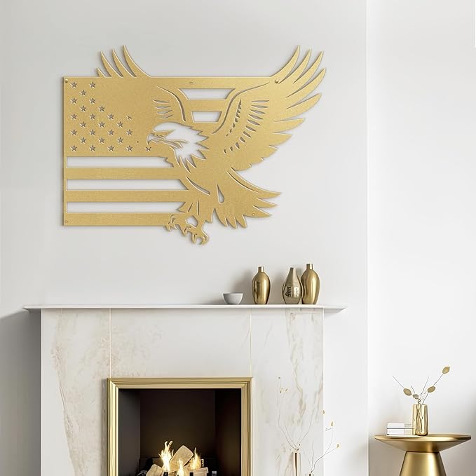 SIGNLEADER Metal Wall Art Decor American Flag with Eagle Minimalist Modern Abstract Wall Sculpture Hangings Home Decoration for Living Room, Bedroom, Bathroom, Kitchen, Outdoor - 18" Gold