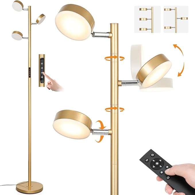 JUNNAI Gold Floor Lamp for Living Room with Remote Modern Tall Standing Lamp Dimmable LED Brass Tree Floor Lamps with 3 Adjustable Heads Touch Control 4 Color Temperatures for Bedroom Office Reading