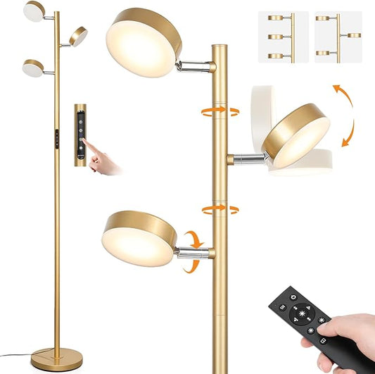 JUNNAI Gold Floor Lamp for Living Room with Remote Modern Tall Standing Lamp Dimmable LED Brass Tree Floor Lamps with 3 Adjustable Heads Touch Control 4 Color Temperatures for Bedroom Office Reading
