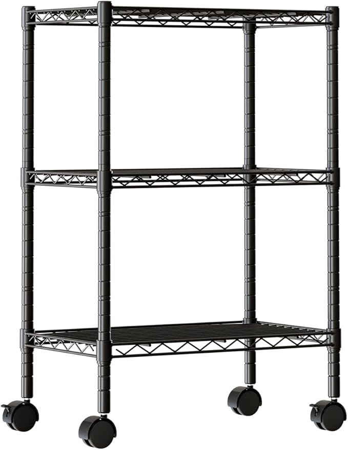 DUMOS 3 Tier Metal Shelving, Heavy Duty Shelves Wire Shelving Unit with Removable Wheel Casters, Shelves Organizer for Bathroom Garage Living Room Kitchen Pantry Laundry
