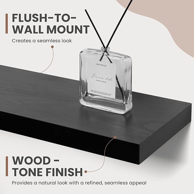 55 Inch Floating Shelves, 8 Inch Deep Floating Shelves for Wall, Hanging Shelf with Invisible Brackets, Deep Shelves for Bathroom, Bedroom, Living Room, Black, Set of 1