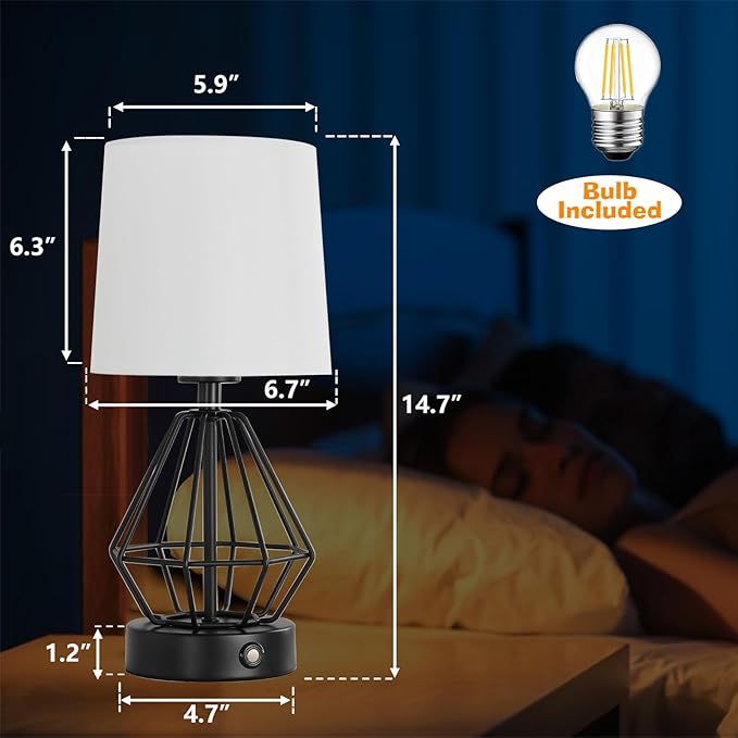 Black Cordless Lamp,Touch Stepless Dimming,8000mAh Rechargeable Battery Table Lamp,Black Cage Frame Wireless Lamp,White Lampshade,14.7inches Tall