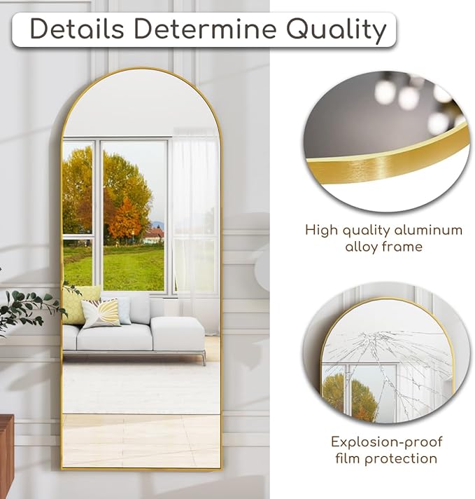 Floor Mirror Arched Full Length Mirrors, Mirror Full Length Standing Hanging or Leaning Against Wall, 59"x18" Large Full Body and Wall Mounted Mirror for Bedroom Living Room, Gold
