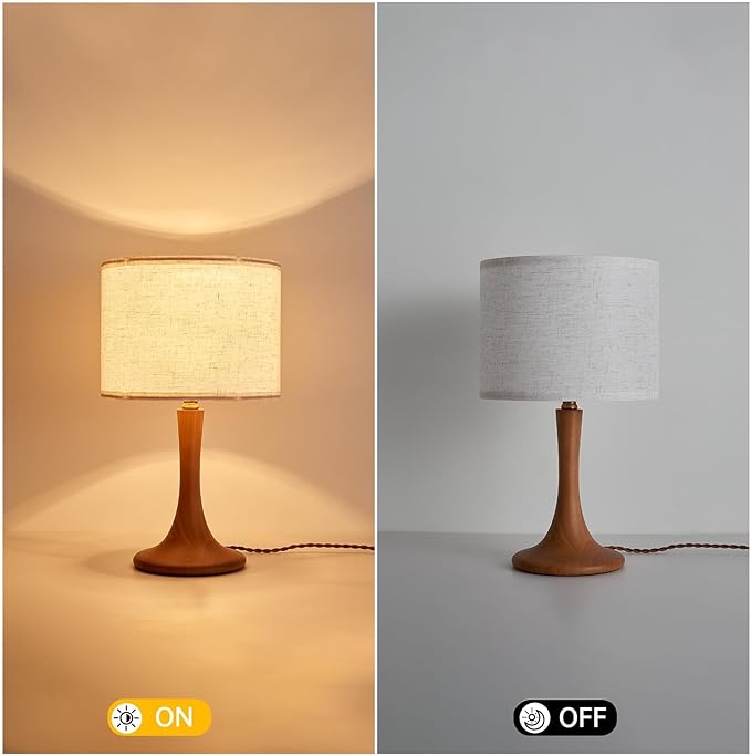 2 Pack Bedside Table Lamp for Bedroom, Nordic Plug in Fabric Shade & Solid Wood Base Desk Lamp, Plug & Play Red Wood Color Nightstand Lamp for Living Room, Office, Switch Power Cord【Bulb Not Included】