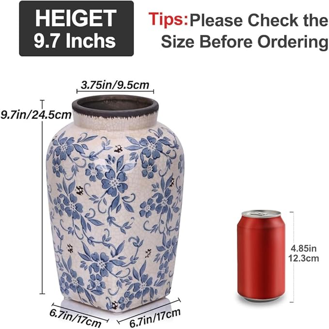 Blue and White Vintage Vase - 9.7 Inchs Chinoiserie Decor Crackle Finish Floral Vase, Rustic Farmhouse Decorative Vases for Table, Living Room, Bathroom, Shelf Decor, Mantel, Centerpieces