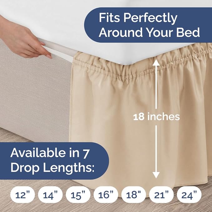 Wrap Around Dust Ruffle Bed Skirt - Cream - for Queen Size Beds with 18 Inch Drop - Easy Fit Elastic Strap - Adjustable Pleated Bedskirt w/Brushed Fabric - Wrinkle Free - for Women, Men, Kids & Teens