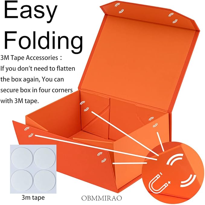 Upgrade 3PCS Orange Collapsible Storage Boxes, Sturdy Rectangle Gift Packaging Boxes with Lid, Foldable Magnetic Closure, Bridesmaid Proposal Box, 9.5x7x4 Inches