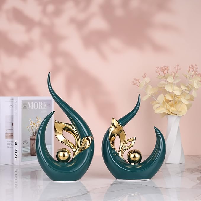 DOVDOV Green Office Decorative Ceramic Statue Set of 2, Dining Room Table Decorations, Green Modern Home Decor for Living Room, Console, Desk Center, Entrance Table Decorations