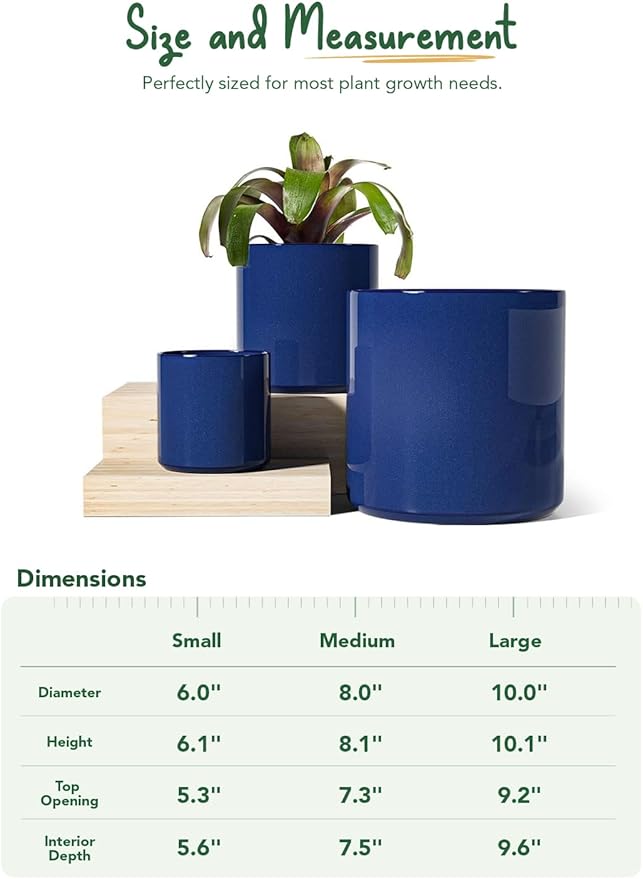 LE TAUCI Ceramic Pots for Plants, 10/8/6 Inch Indoor Planters with Draiange Hole, Silicone Plug & Mesh Pad, Modern Minimalist Pots for Home Office, Set of 3, Glossy, Midnight Blue