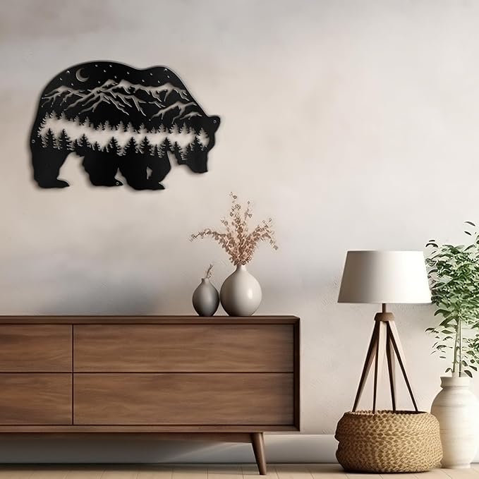 SIGNLEADER Metal Wall Art Decor Bear, Pine Minimalist Modern Abstract Wall Sculpture Hangings Home Decoration for Living Room, Bedroom, Bathroom, Kitchen, Outdoor - 18" Black