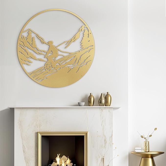 SIGNLEADER Metal Wall Art Decor Mountains, Pine Trees, Cyclists Modern Abstract Wall Sculpture Hangings Home Decoration for Living Room, Bedroom, Bathroom, Kitchen, Outdoor - 18" Gold