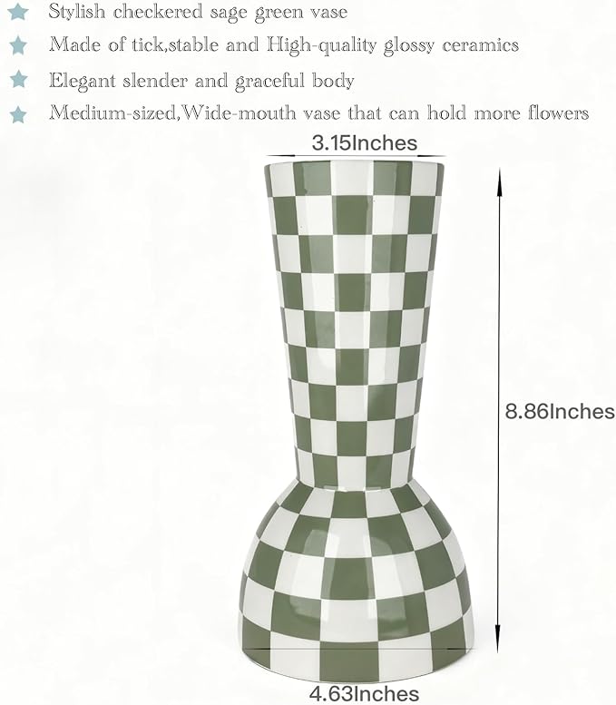 Sage Green Checkered Vase, Aesthetic Modern Ins Cool Flower Vases for Home Decor, Entryway Table, Centerpieces Decoration for Kitchen, Living/Dining Room, Bedroom, Bathroom, Coffee Tables (Ceramic)