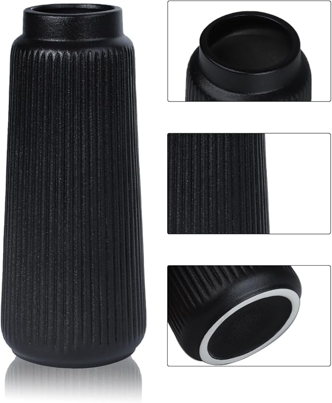Black Ribbed Ceramic Vase – Textured Flower Vase for Pampas Grass, Fresh or Dried Flowers, Modern Cylinder Minimalist Home Decor for Living Room, Dining Table, Wedding Centerpiece