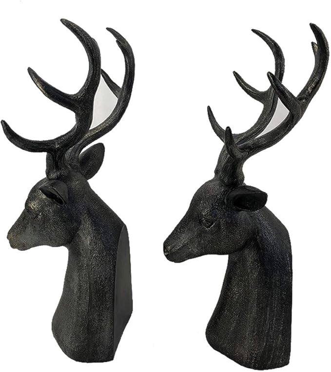 Comfy Hour 15" Tall Deer Head Decorative Bookends, Unique Antique Bronze Stag Buck Statues for Shelves, Heavy Duty Resin Animal Book Ends for Heavy Books, Rustic Lodge Cabin Decor, 1 Pair