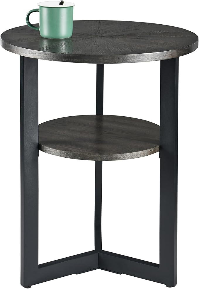 LEEMTORIG Round Side Table, 2-Tier End Table Nightstand with Metal Legs, Modern Bedside Couch Accent Table for Living Room, Bedroom, Office, Rustic Black/Black, 19.3 x 19.3 x 24 inches BZ-1338-BK