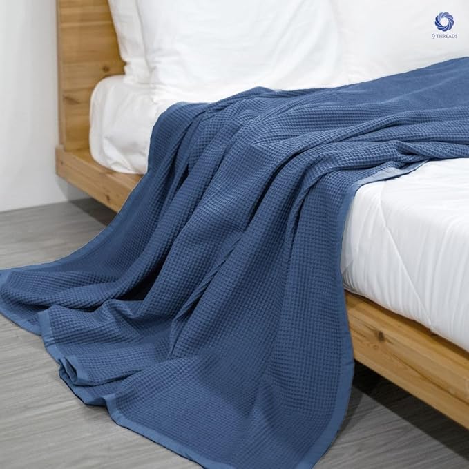 9Threads GOTS Certified Organic Cotton Waffle Weave Blanket, Queen Bed Size, 90"X90"Cozy Throw Blanket for Couch, Modern Home Decor Throw Blankets,Comfy Waffle Blanket Soft Bed Blankets -Navy Blue