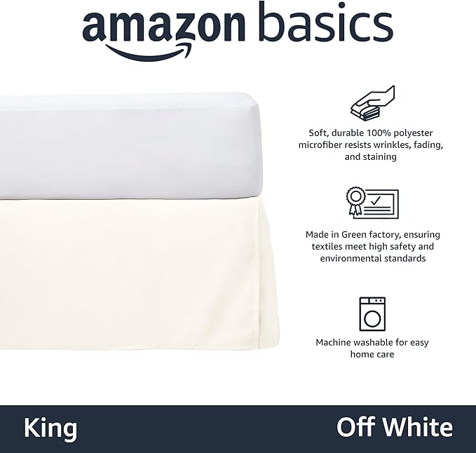 Amazon Basics Lightweight Pleated Soft Machine Washable Bed Skirt, King Size, Off White, Solid
