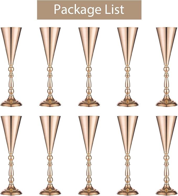 Sziqiqi Trumpet Vase Floral Centerpiece Riser Stand for Wedding Reception Centerpieces Party Event Anniversary Birthday Decoration Flower Arrangement Pack of 10, Rose Gold 16.5in