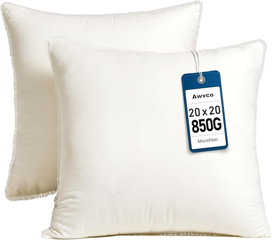 Awvco 20 x 20 Throw Pillow Inserts - Soft and Plush, Virgin Fiber Filling, Decorative Pillows for Couch Sofa Bed, Machine Washable - White, Pack of 2