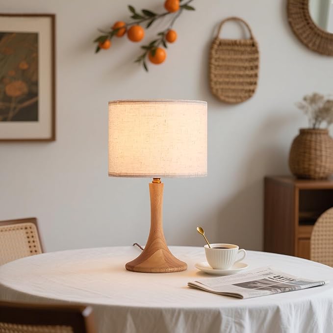 Bedside Table Lamp for Bedroom, Nordic Plug in Fabric Shade & Solid Wood Base Desk Lamp, Plug & Play Yellow Wood Color Nightstand Lamp for Living Room, Office, Switch Power Cord 【Bulb Not Included】