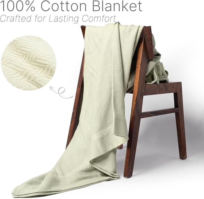 9Threads 100% Cotton Herringbone Weave Blankets, 66" X 90" Twin, Throw Blanket for Bed, All Season Cotton Blanket, Cozy Blanket,Throws & Bed Blanket, Throw Blanket for Couch, Modern Home Decor -Sage