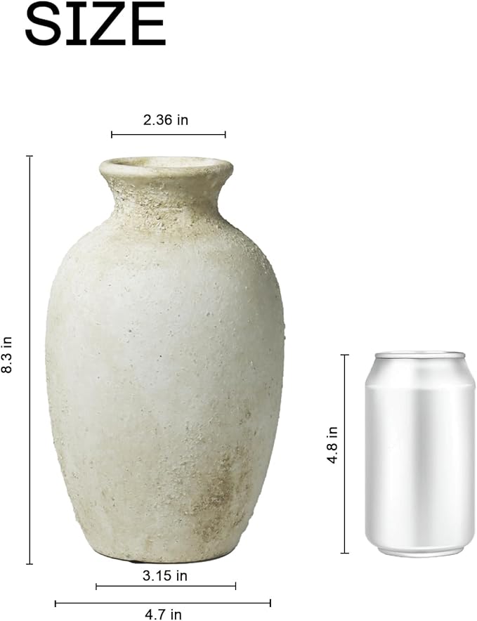 Ceramic Flower Vase Home Decor – 8.3 Inches Pottery Rustic Farmhouse Bottle Vase for Table Centerpiece, Shelf & Mantel, Beige
