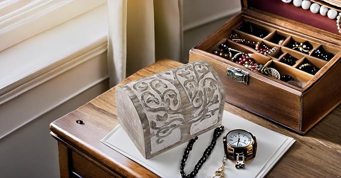 Great Birthday Gift Ideas Handmade Decorative Wooden Jewelry Box With Tree of Life Carvings Jewelry Organizer Keepsake Box Treasure Chest Trinket Holder Watch Box Storage Lock Box (White)